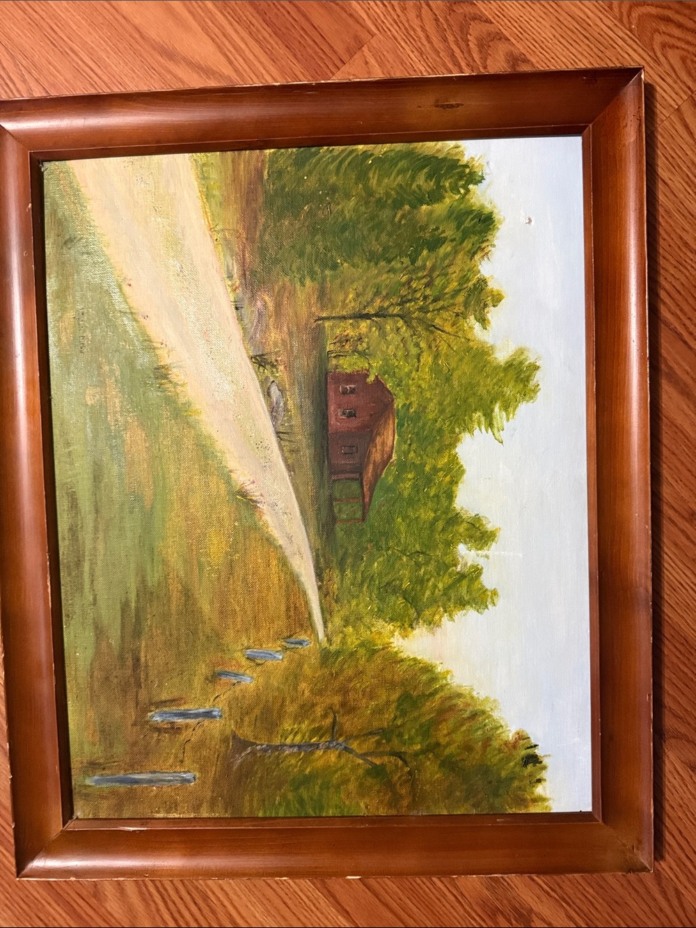 Rustic Green Landscape Oil Painting with Brown Frame vintage